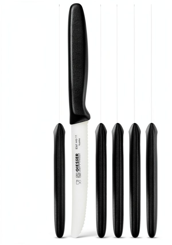 Giesser since 1776, Made in Germany, Black serrated kitchen knives round tip dishwasher safe 4.5 inch - Tomato knife, Steak knive set of 6-1