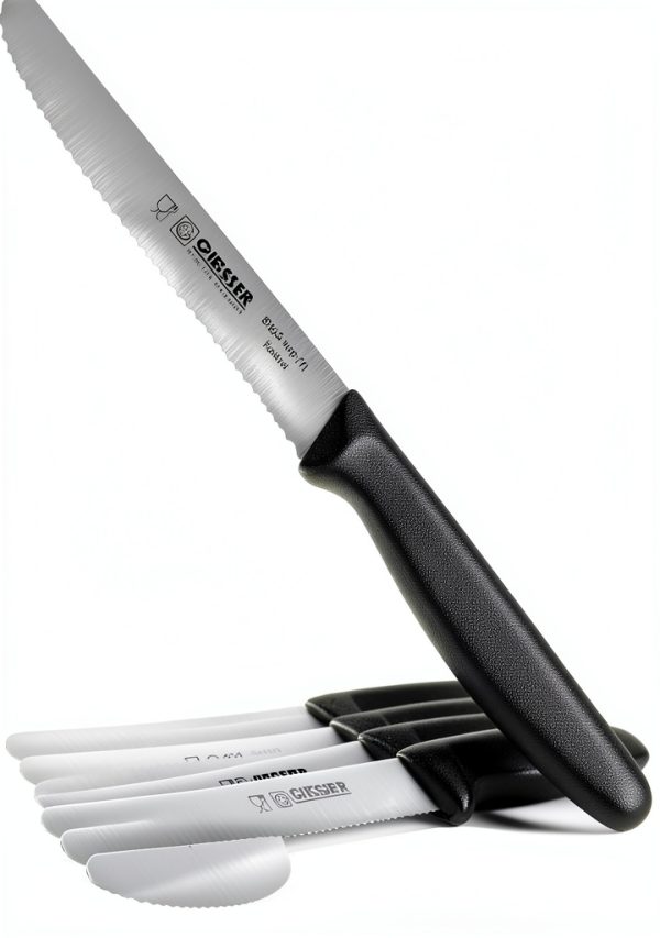 Giesser since 1776, Made in Germany, Black serrated kitchen knives round tip dishwasher safe 4.5 inch - Tomato knife, Steak knive set of 6-0